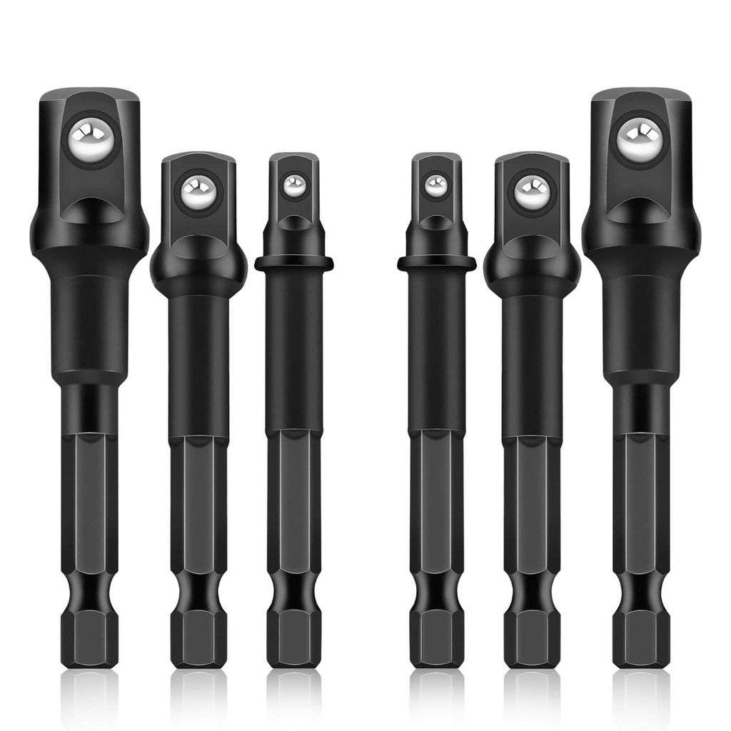 Black hex shank impact socket adapter set with six pieces, neatly arranged