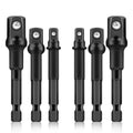 Black hex shank impact socket adapter set with six pieces, neatly arranged