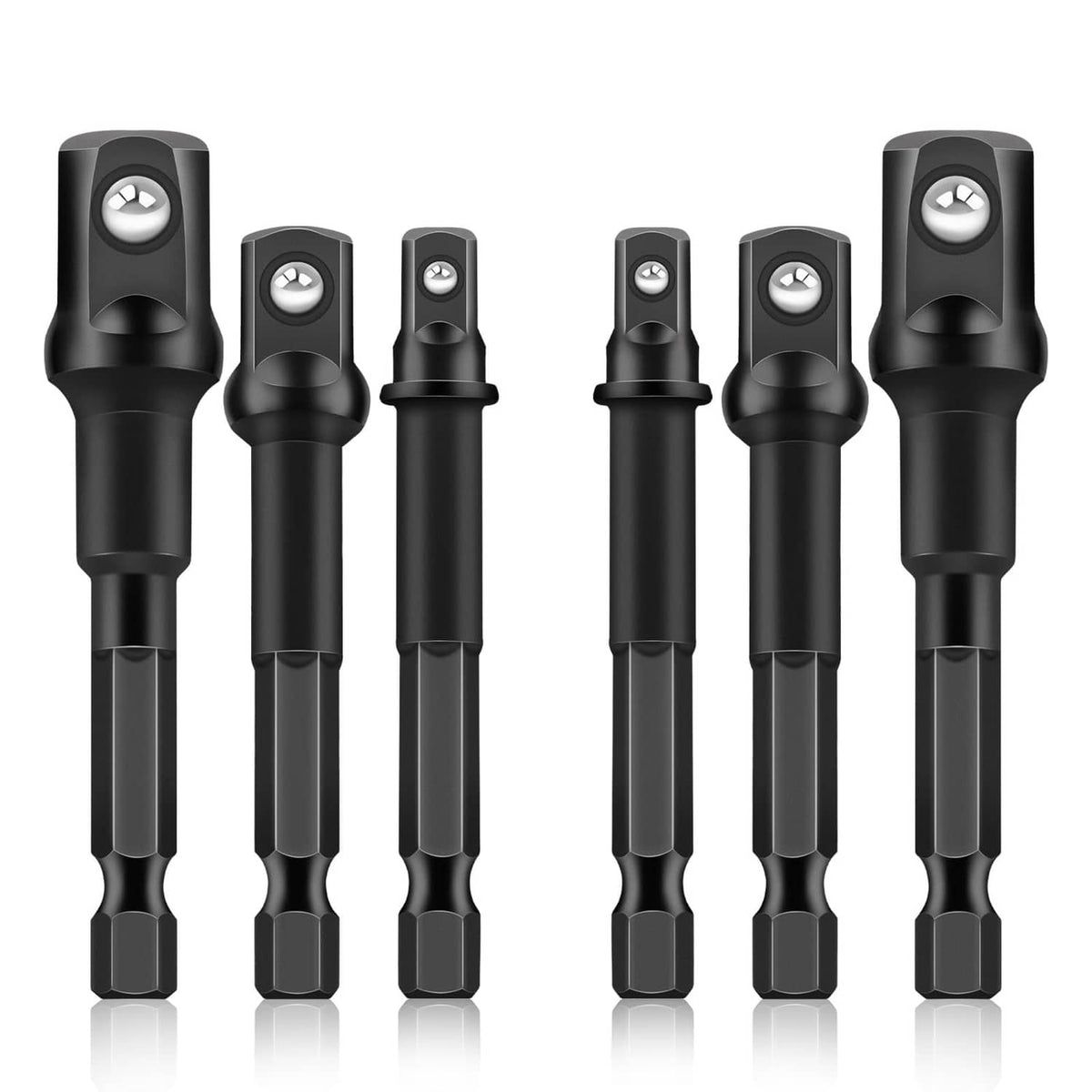 Black hex shank impact socket adapter set with six pieces, neatly arranged