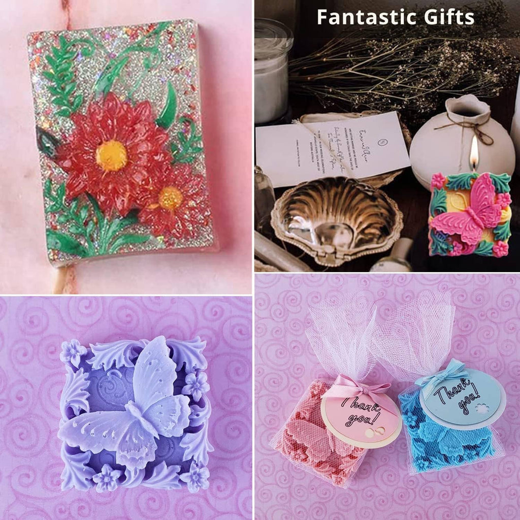 3D floral butterfly embossed soap bars in purple, pink, and blue tones