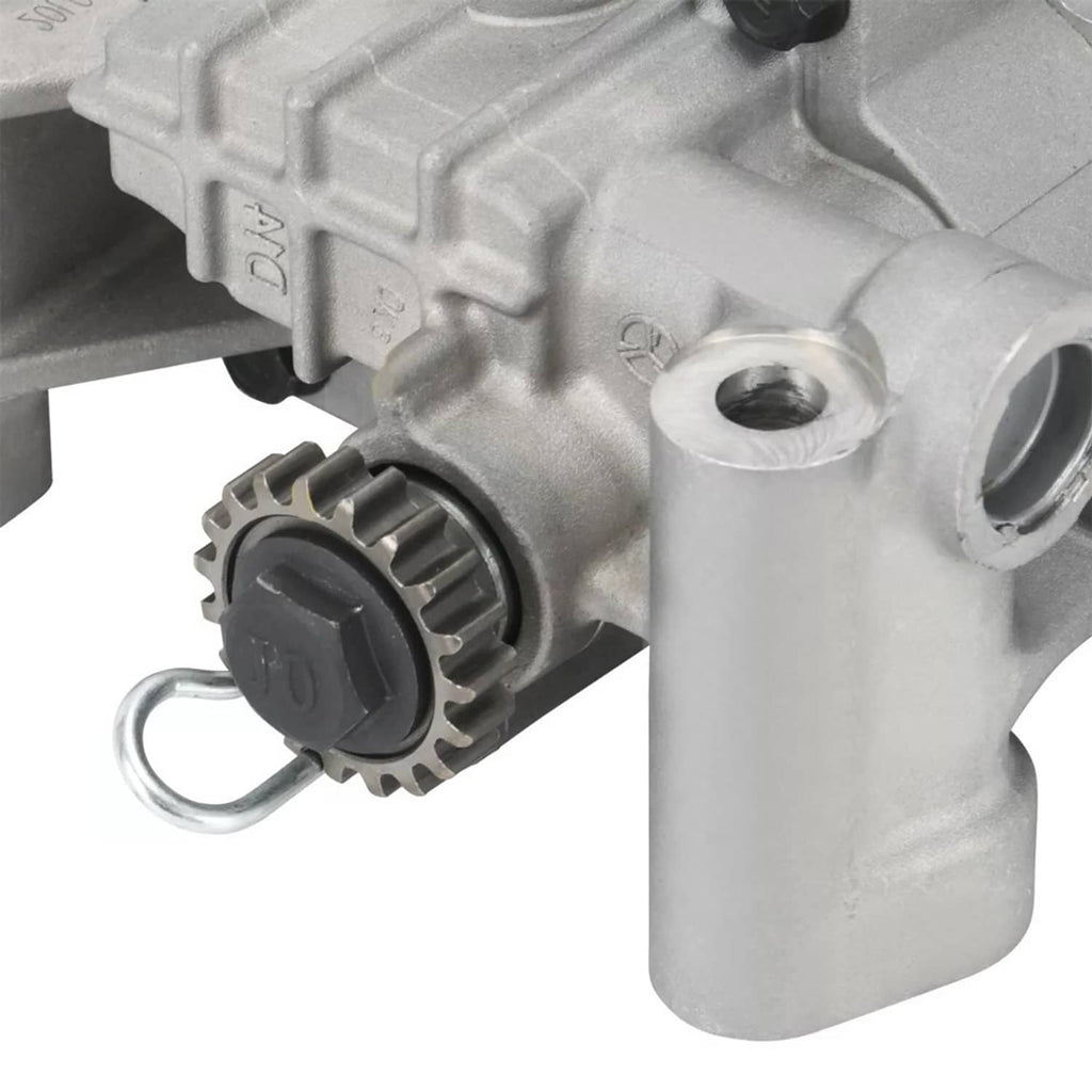 Close-up of oil pump drive gear and shaft with silver mounting ear