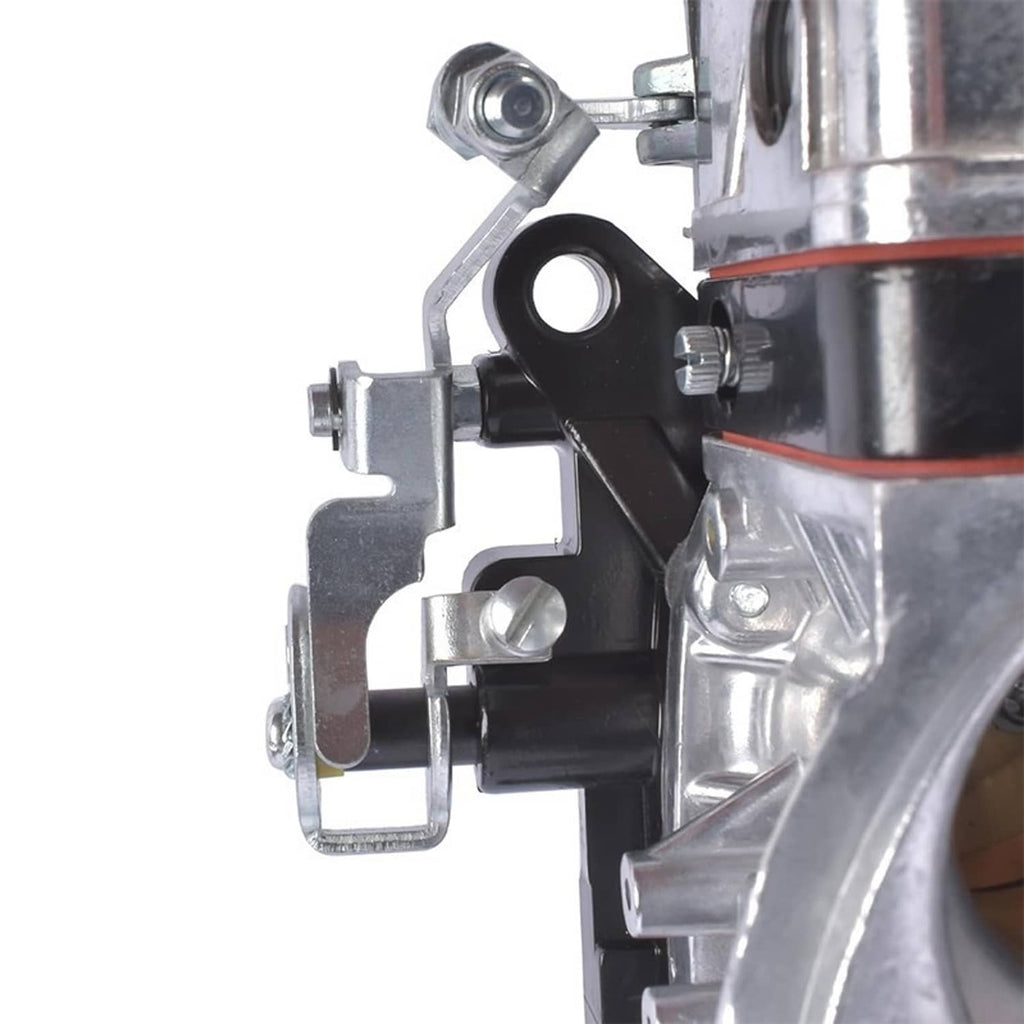 Close-up of billet aluminum double pumper carburetor linkage, bracket, and mounting area