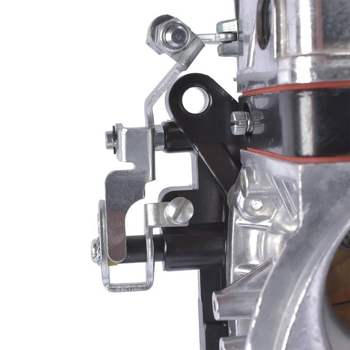 Close-up of billet aluminum double pumper carburetor linkage, bracket, and mounting area