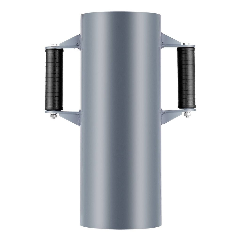 Manual fence post driver rammer with large gray cylindrical impact head and two grip handles