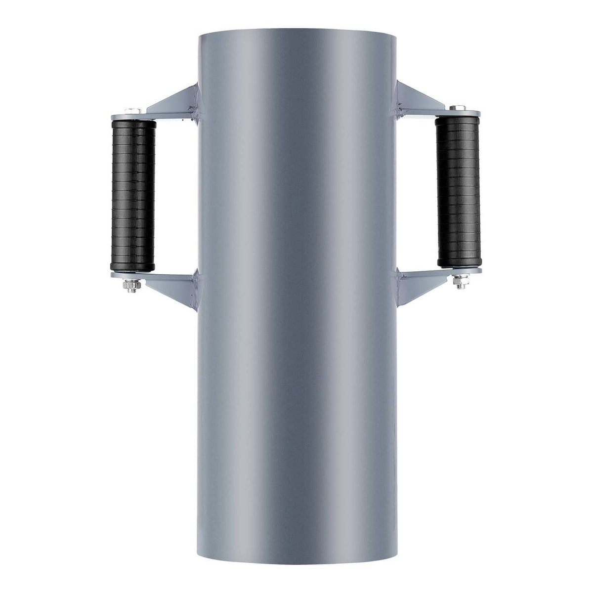 Manual fence post driver rammer with large gray cylindrical impact head and two grip handles