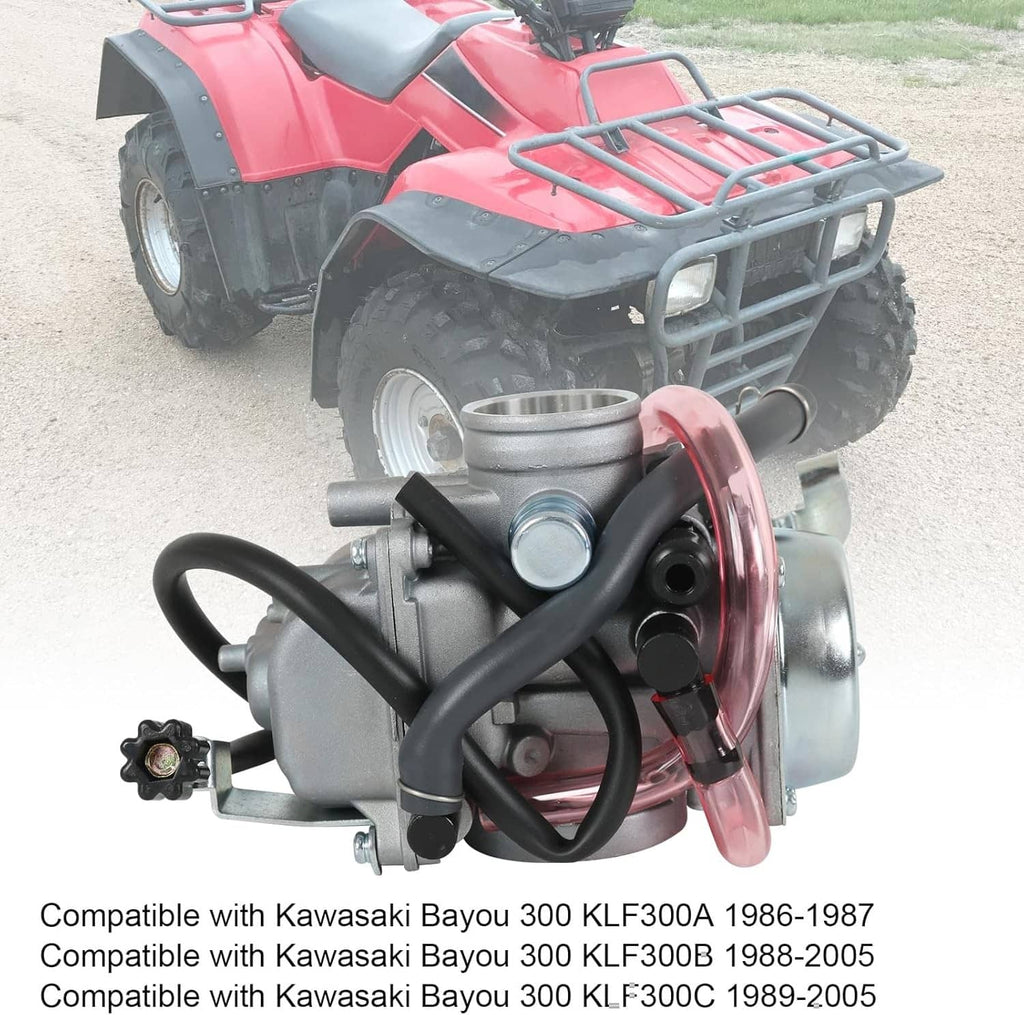 Installed carburetor on ATV with black intake hose and red air filter housing