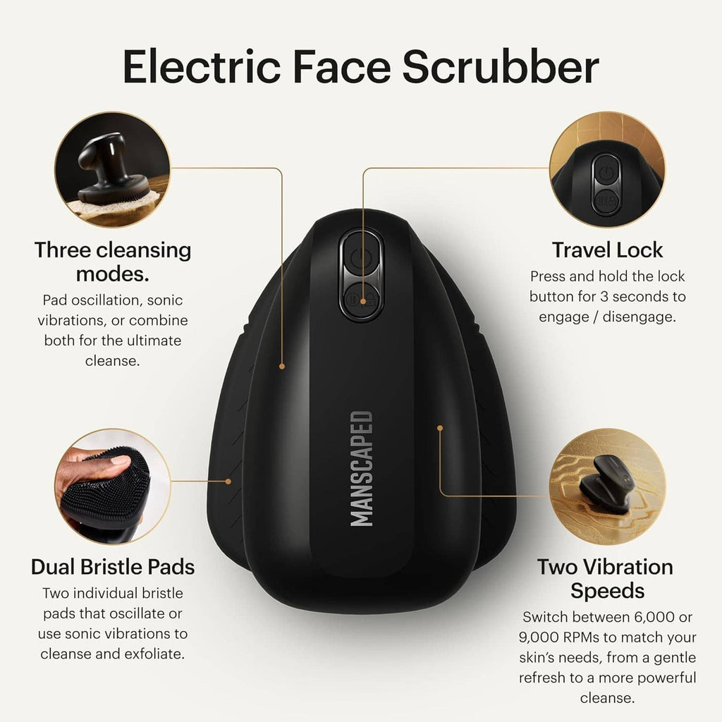 Electric face scrubber device with silicone bristle pads, top view and callouts