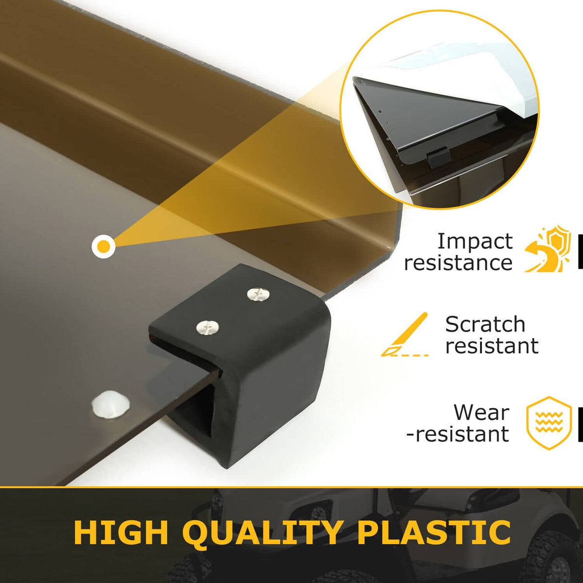 Bronze-framed tinted windshield windscreen with black corner brackets and mounting tabs