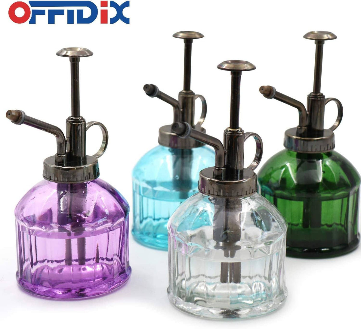 Set of glass plant misters with bronze tops in purple, blue, clear, and green.