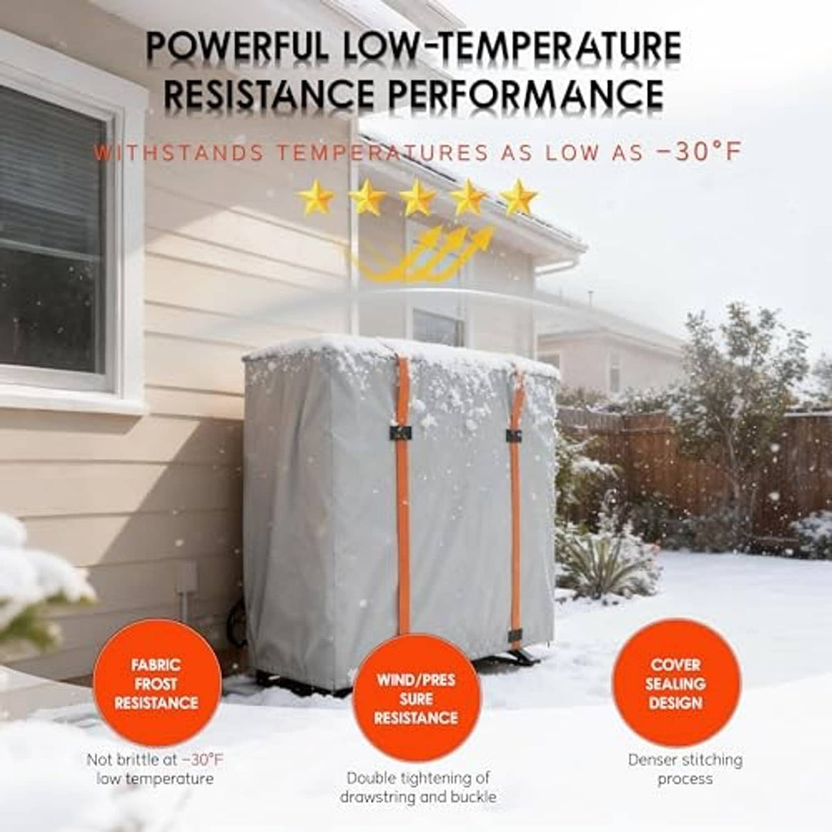 Frosty mini split cover on the front of a unit, light gray fabric with orange straps
