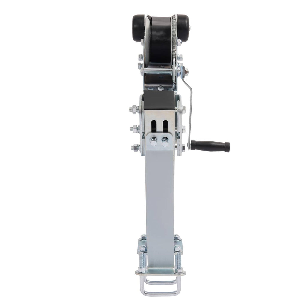 Winch stand with mounted drum, crank handle, and side stabilizer bracket