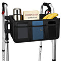 Black foldable walker basket with blue panel and mesh storage pockets on frame