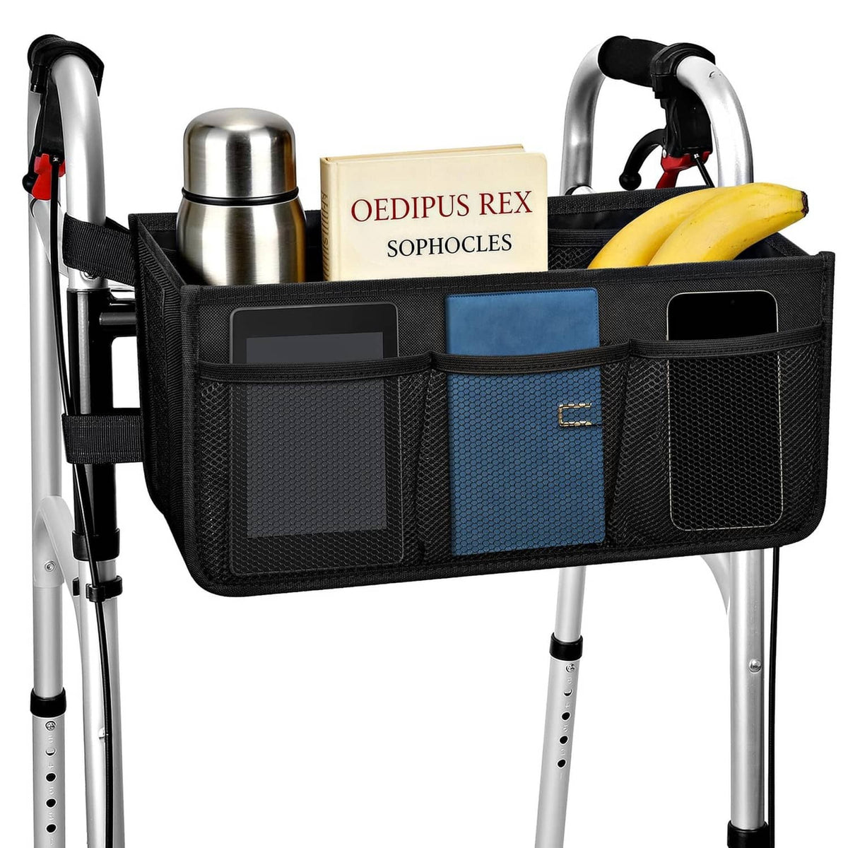 Black foldable walker basket with blue panel and mesh storage pockets on frame