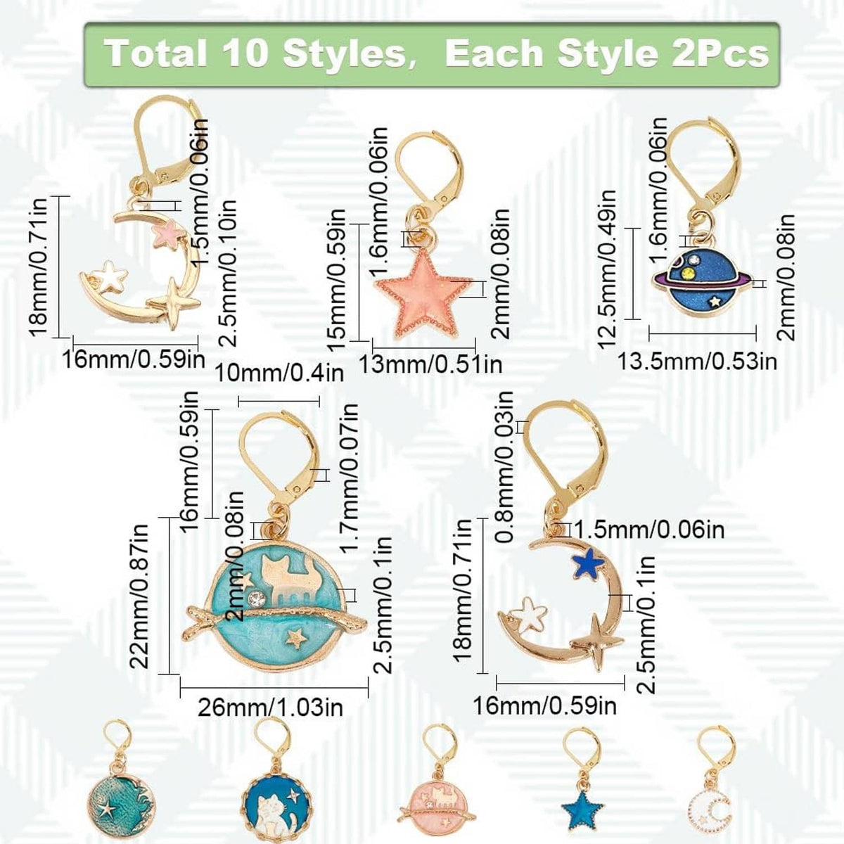 Planet stitch marker size guide with gold-tone ring charms in planet, star, and moon styles