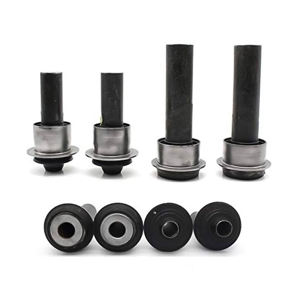 Set of four front subframe bushings showing black rubber cylinders and silver metal ends.