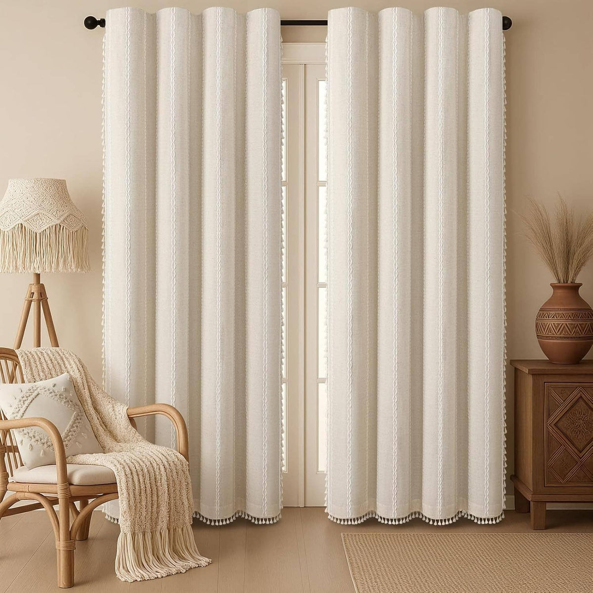 Beige linen-look blackout curtains, two-panel set, grommet tops and textured braided stripes