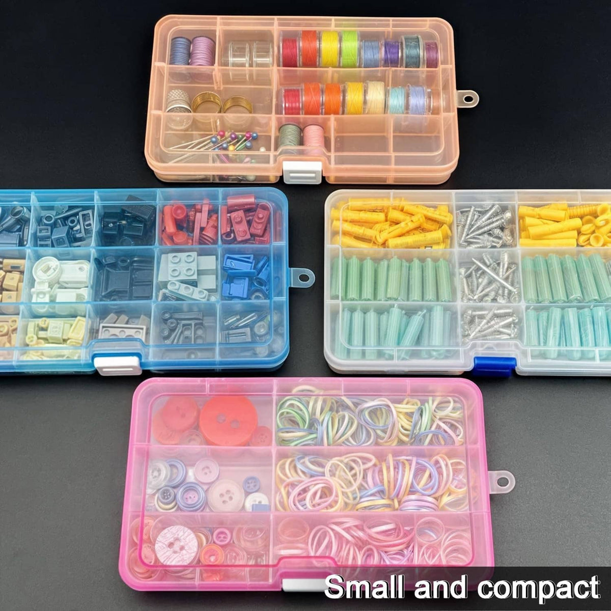 Clear plastic organizer boxes with blue latch holding spools, tools, and small parts