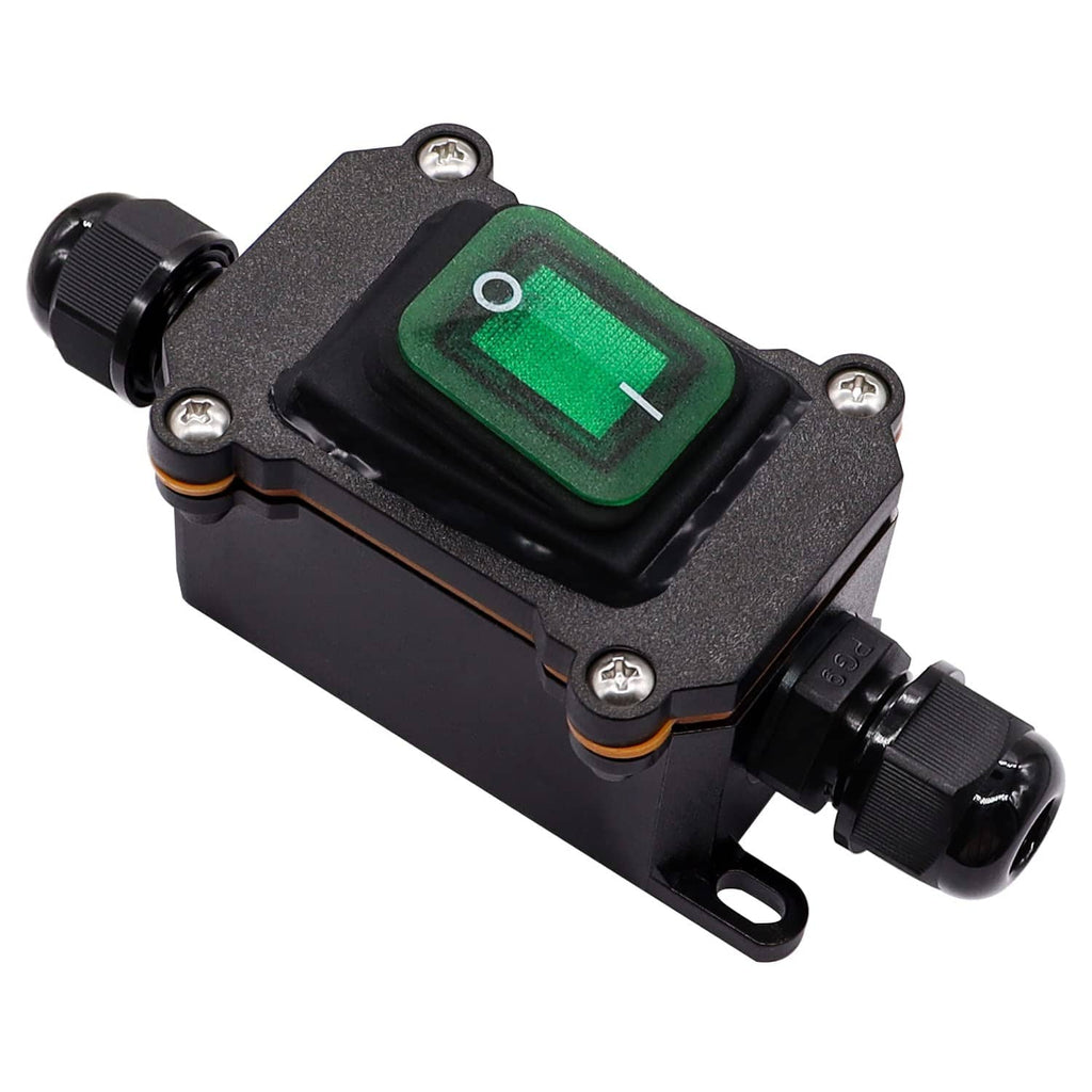 Waterproof inline cord switch with green illuminated rocker, 12V DC DPST housing