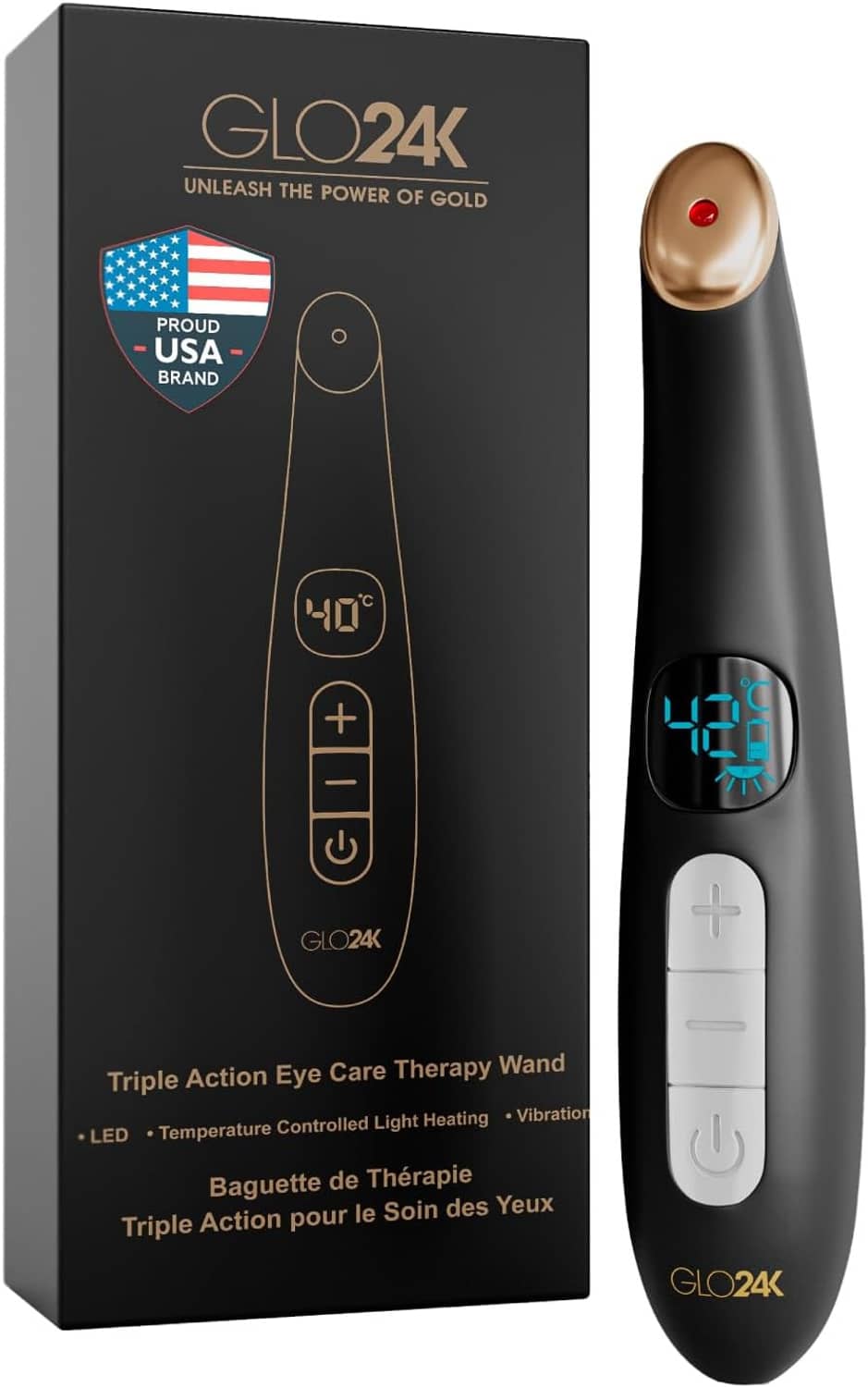 GLO24K heated eye wand and eye massager tool, black handle with gold-tone head