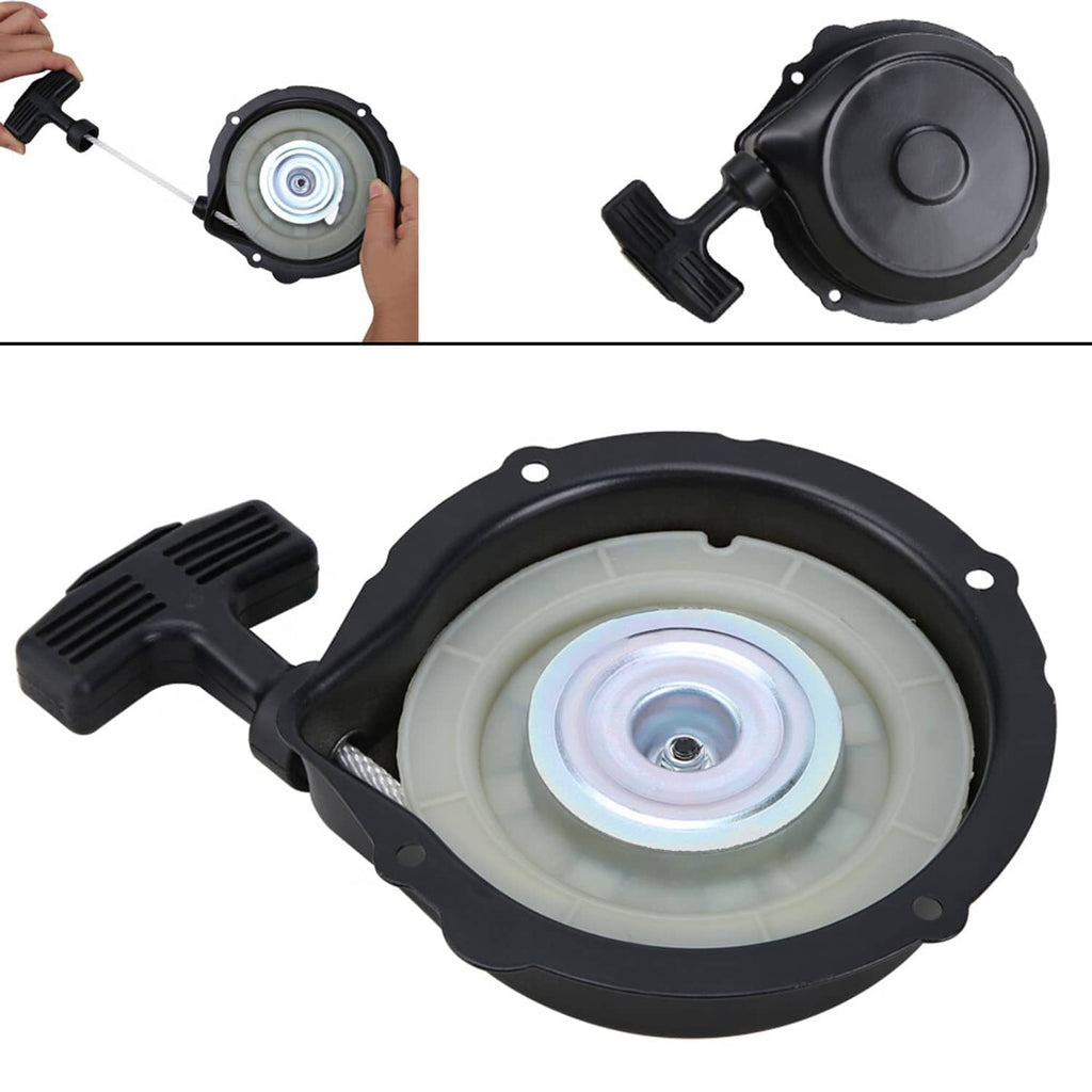 Recoil starter pull start kit with light recoil pulley, black housing, and pull handle