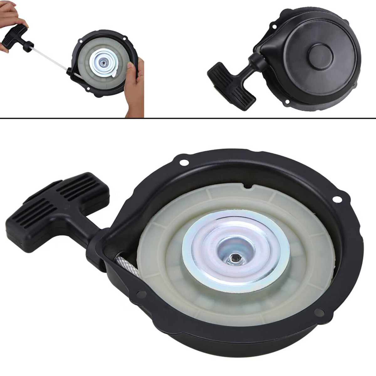 Recoil starter pull start kit with light recoil pulley, black housing, and pull handle