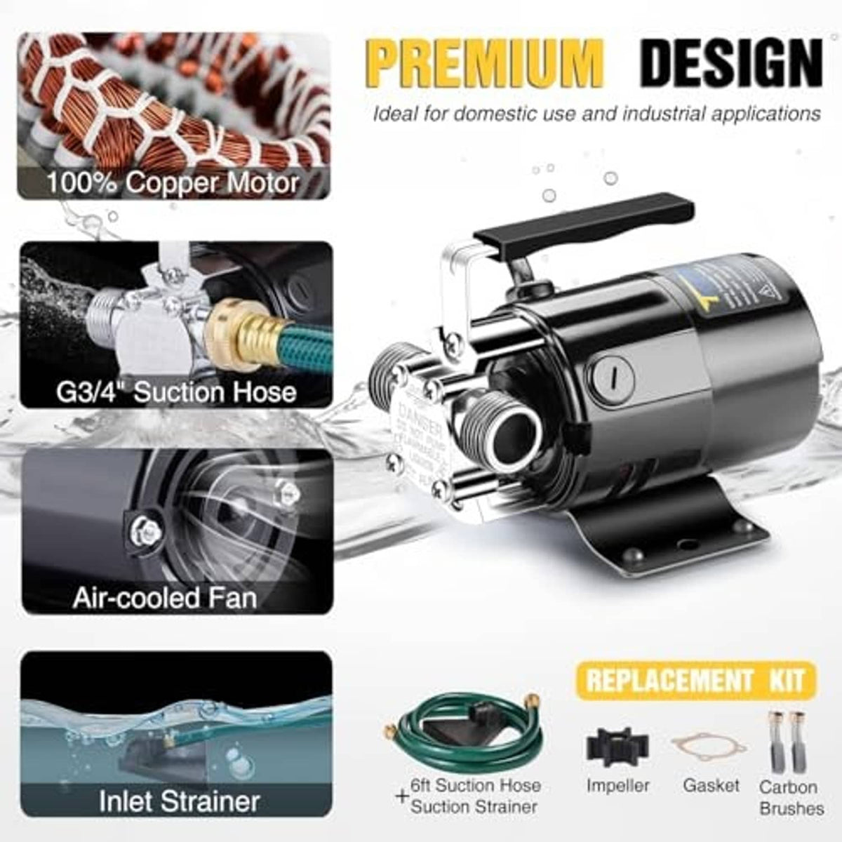 Trupow utility pump with green suction hose and included replacement kit components