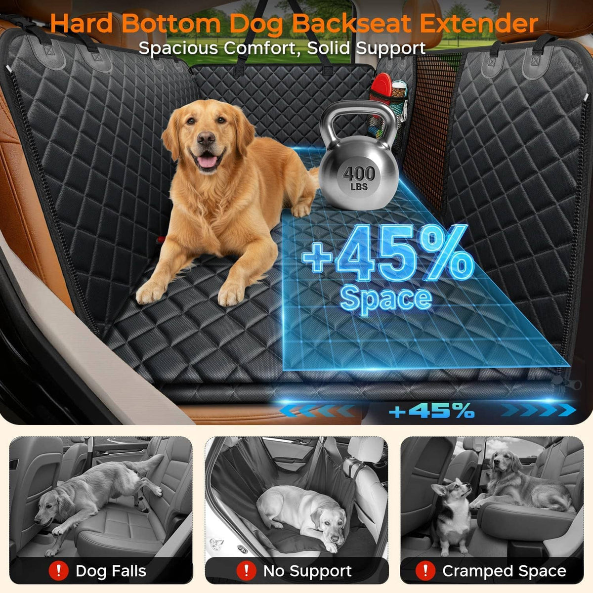 Black quilted hard-bottom dog backseat extender with golden retriever in car
