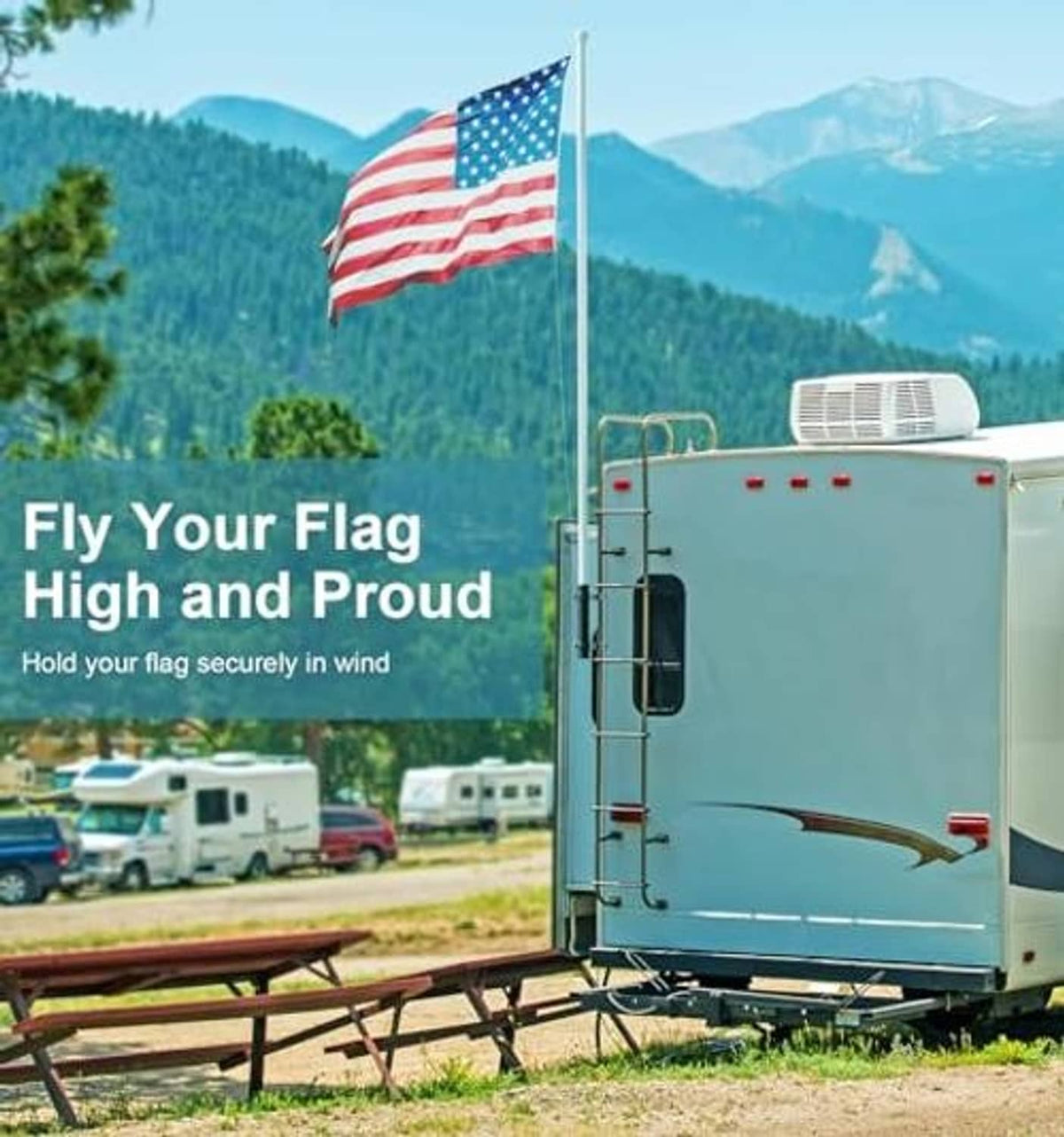 Black flag pole holder mounted to an RV ladder with vertical flag pole