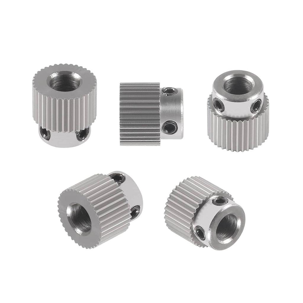 Stainless steel 36-tooth extruder drive gear with mounting holes, angled views