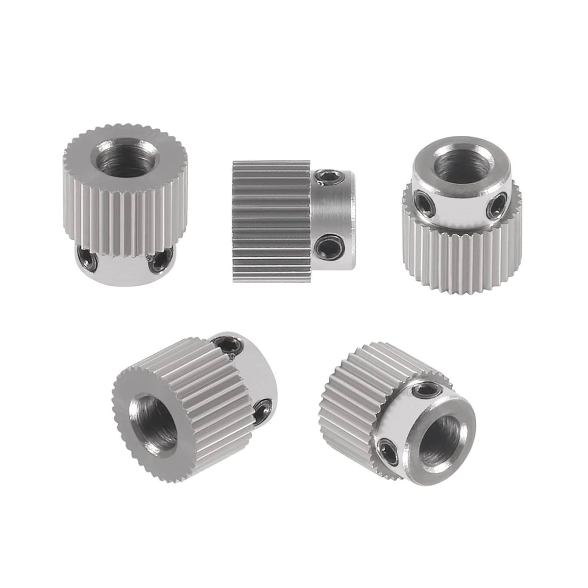 Stainless steel 36-tooth extruder drive gear with mounting holes, angled views