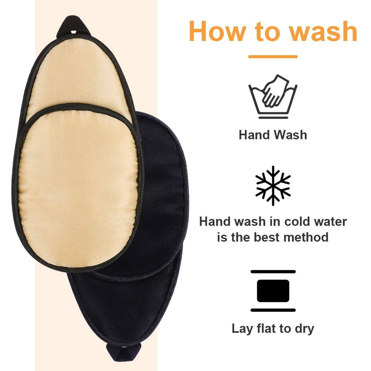 Beige and black left eye patch shown flat with care icons for hand washing.