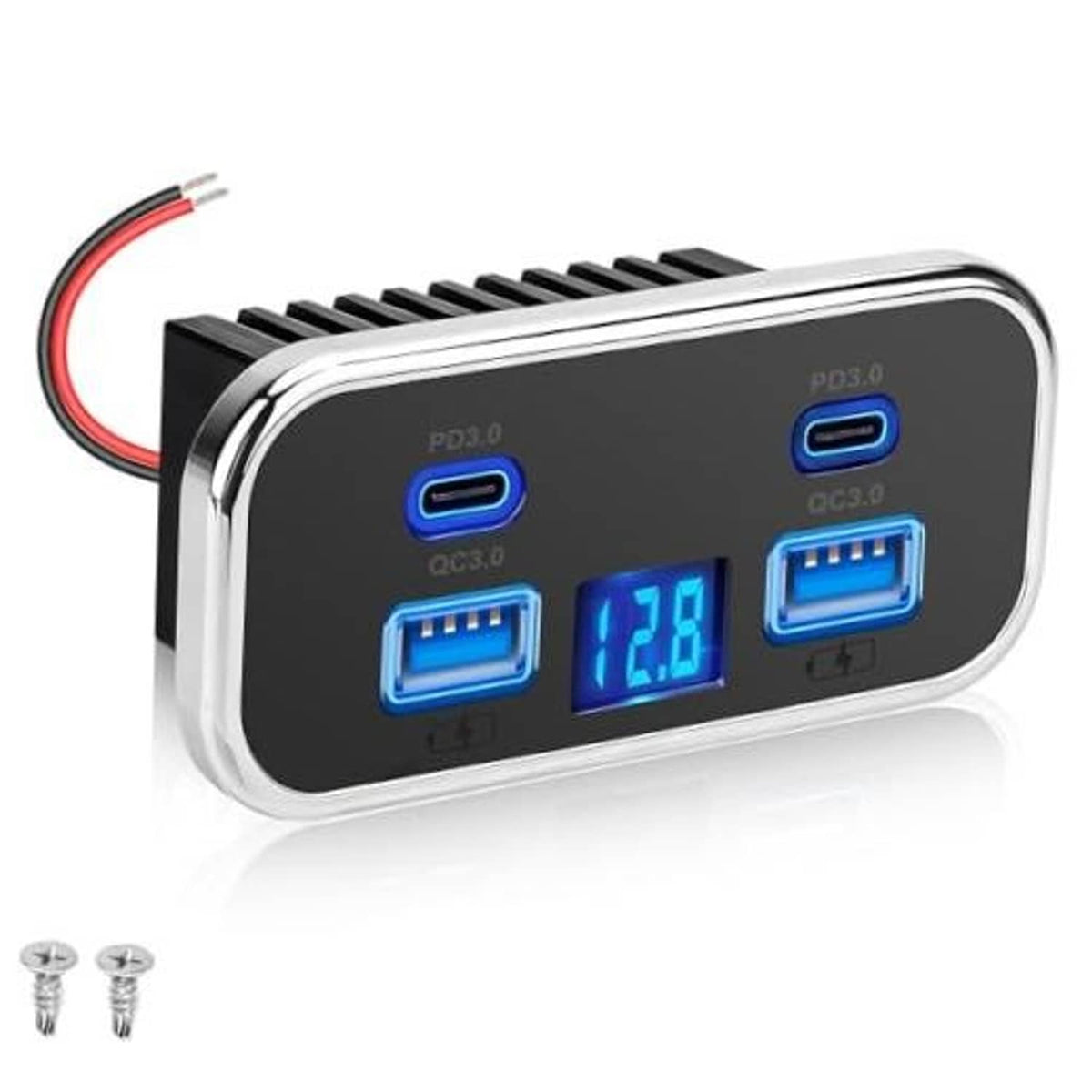 Black 4-port car USB charger panel with dual USB-C and dual USB-A ports, blue LED display