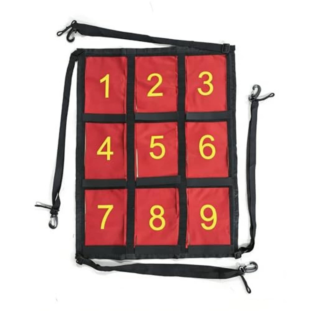 Numbered strike zone target hole net with red 1–9 panels on black frame and side cords