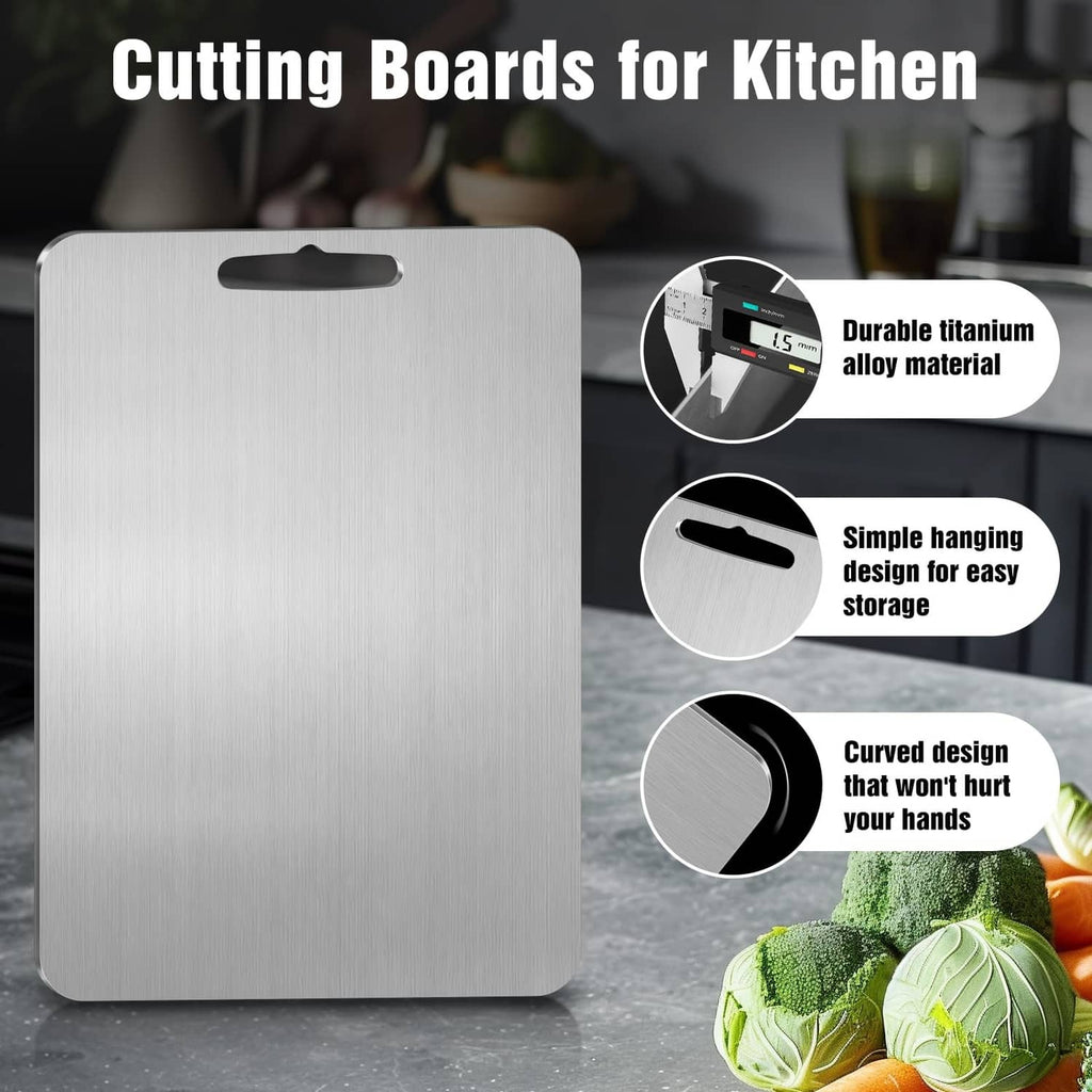 Large silver titanium cutting board with hanging slot for easy storage