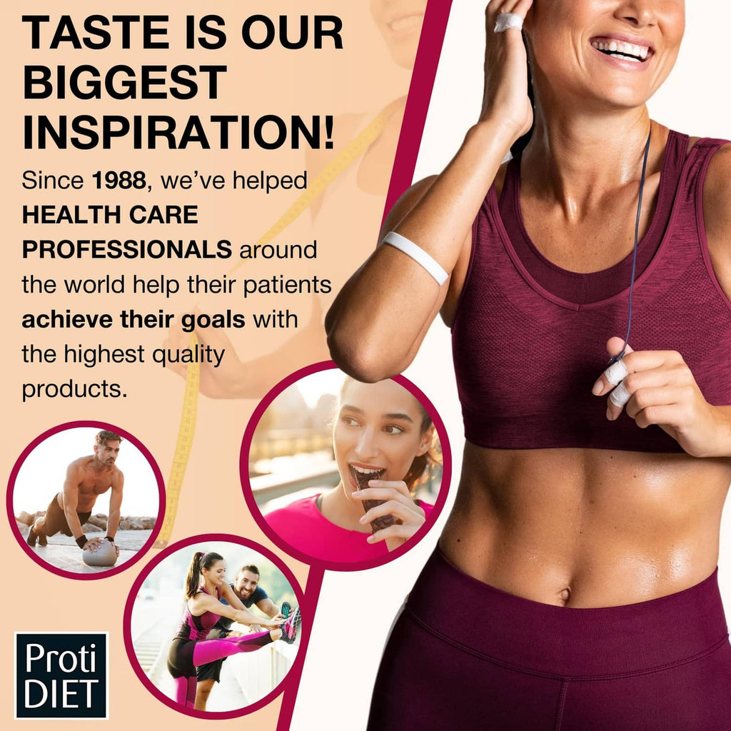 ProtiDIET taste inspiration banner with athlete photos and branding on a woman