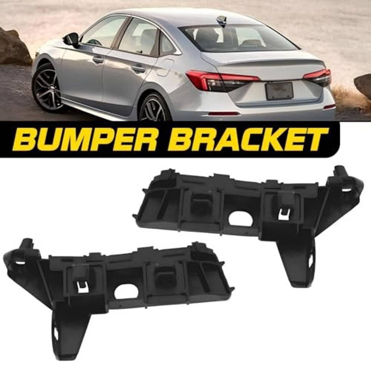 Black front bumper bracket set, two pieces with rectangular openings and mounting tabs