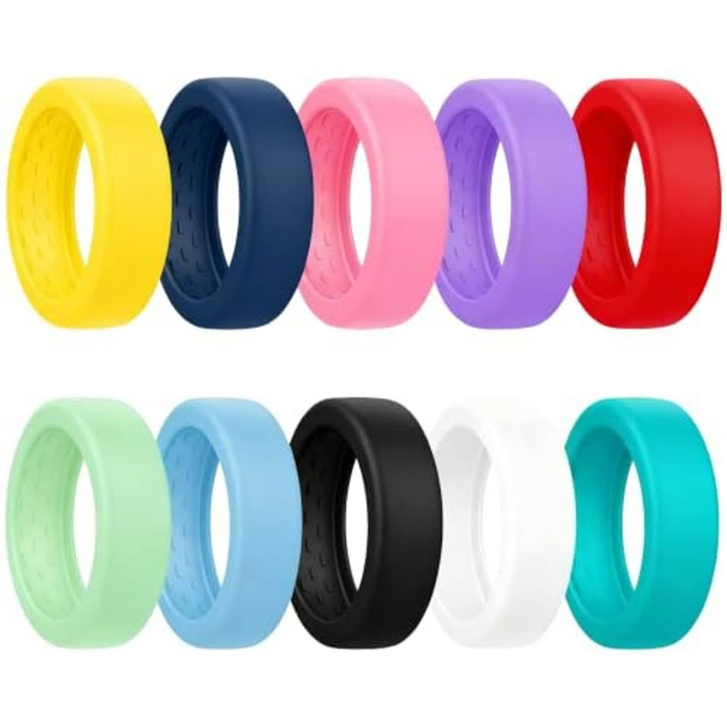 10-pack thin silicone ring covers in assorted colors: yellow, navy, pink, purple, red