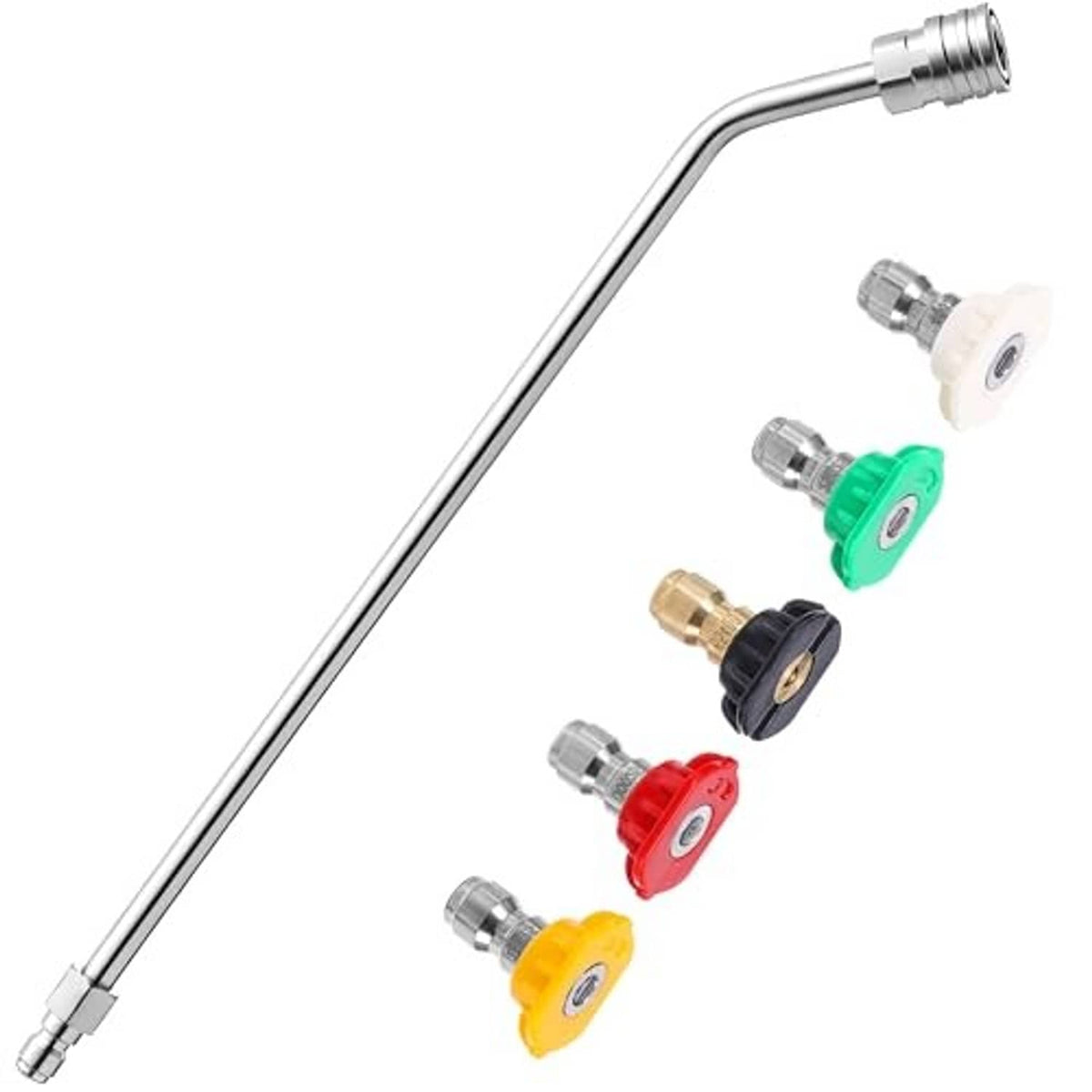 Curved high-pressure washer wand with quick-connect parts and colored nozzles