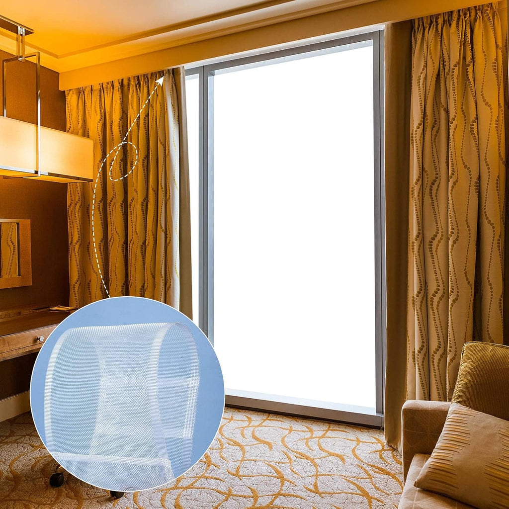White translucent curtain pleating tape, shown as an inset circle with mesh texture