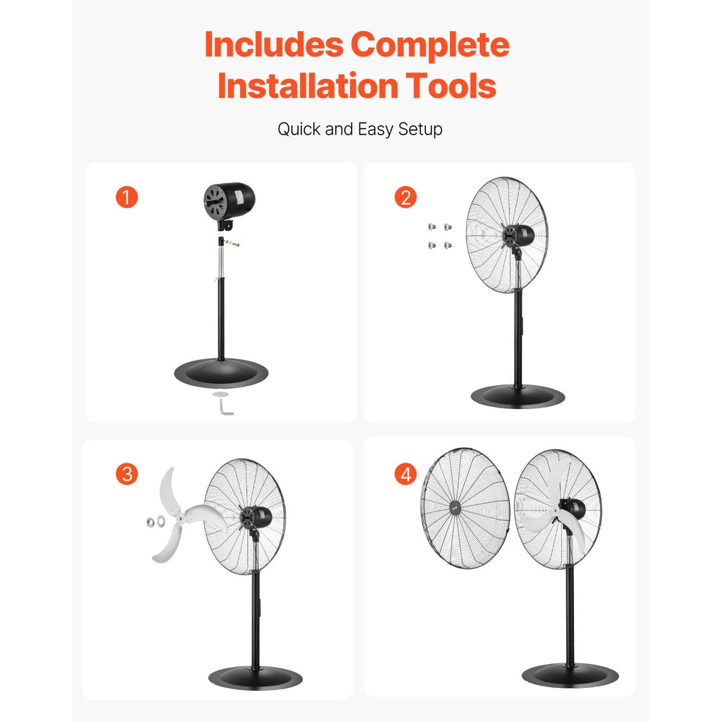 Pedestal fan parts and installation steps with assembled fan head and stand pieces
