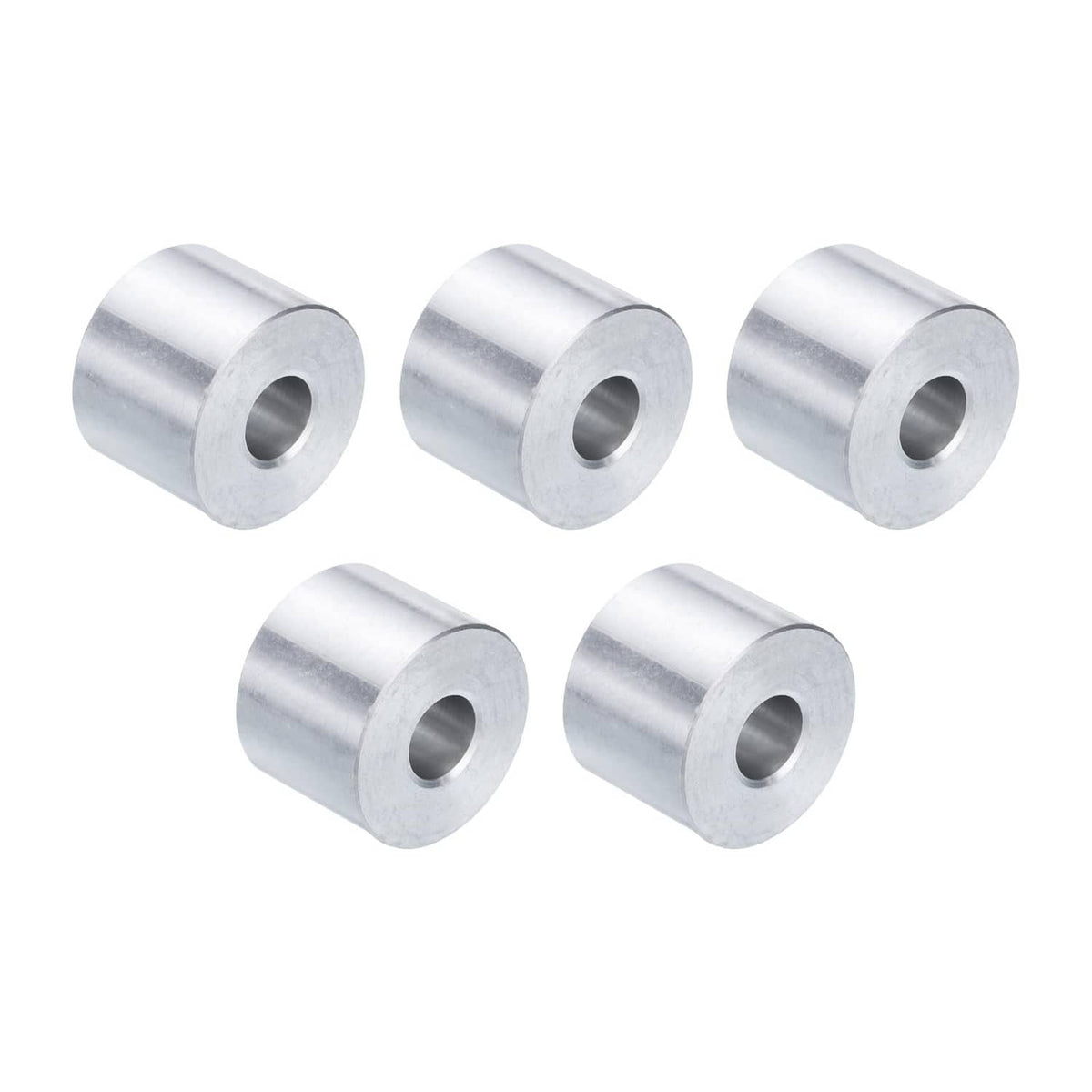 Set of 5 aluminum spacers with 3/8 in bore, silver tone, cylindrical sleeves