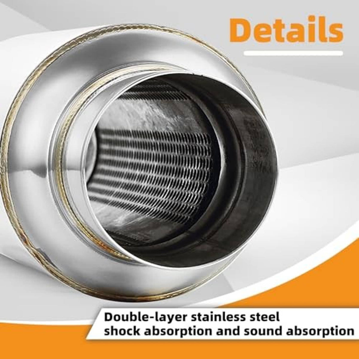 Exhaust resonator muffler end view showing inner mesh and polished stainless housing.
