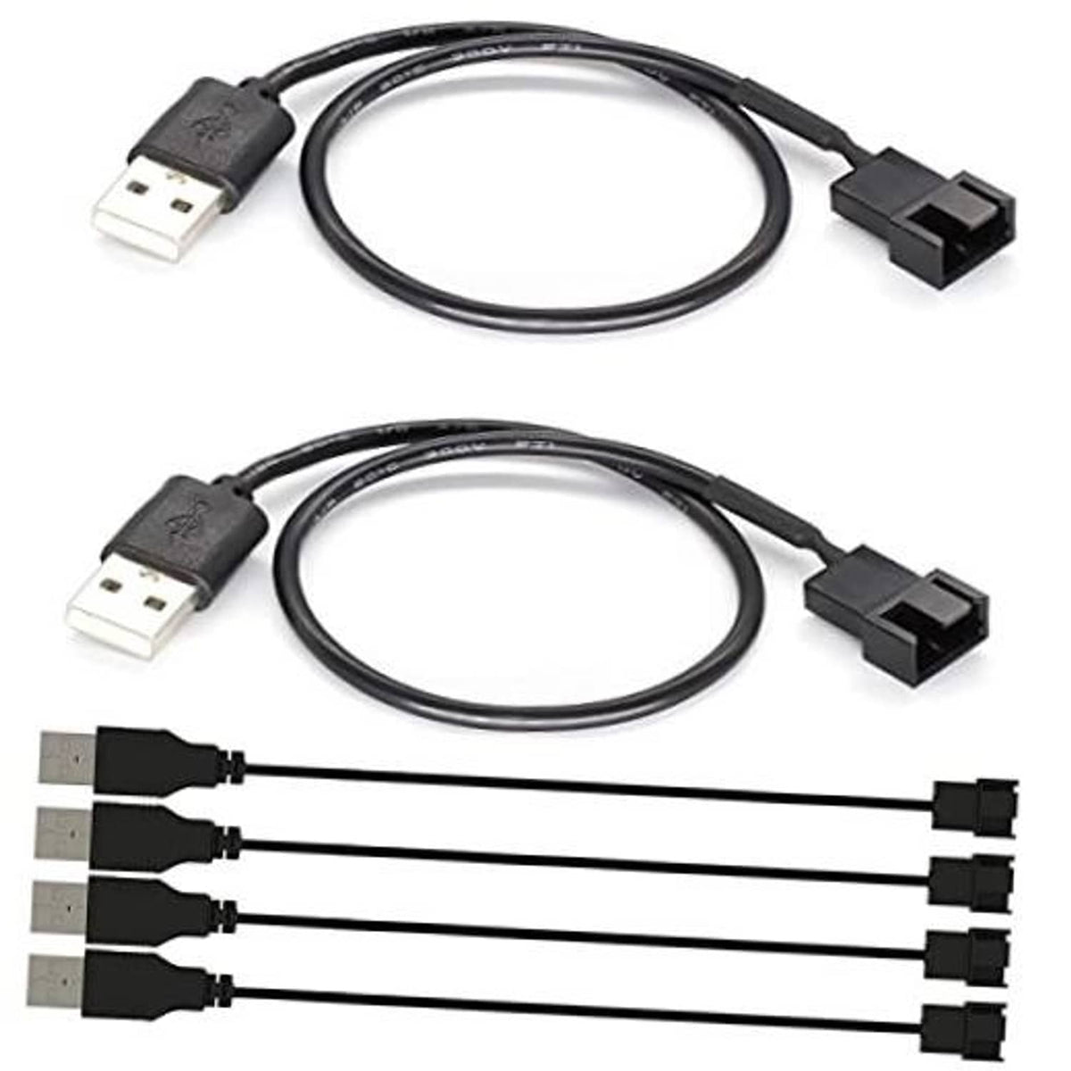 USB to 3/4-pin PWM fan power adapter cable with USB plug and black 4-pin connector