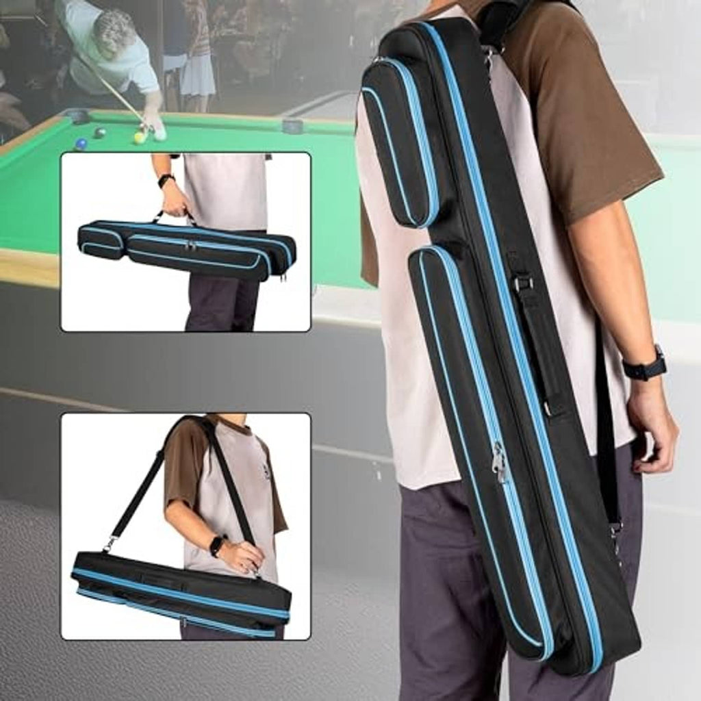 Blue-trim pool cue case worn with shoulder straps; long padded body