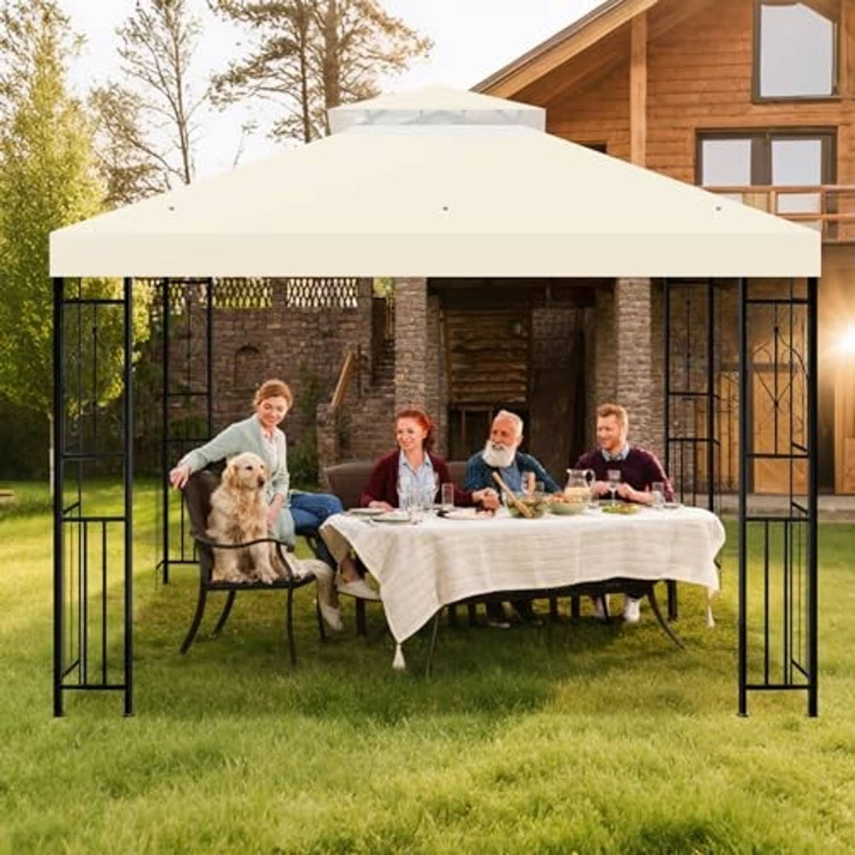 Beige double-tier gazebo top canopy cover over outdoor dining table