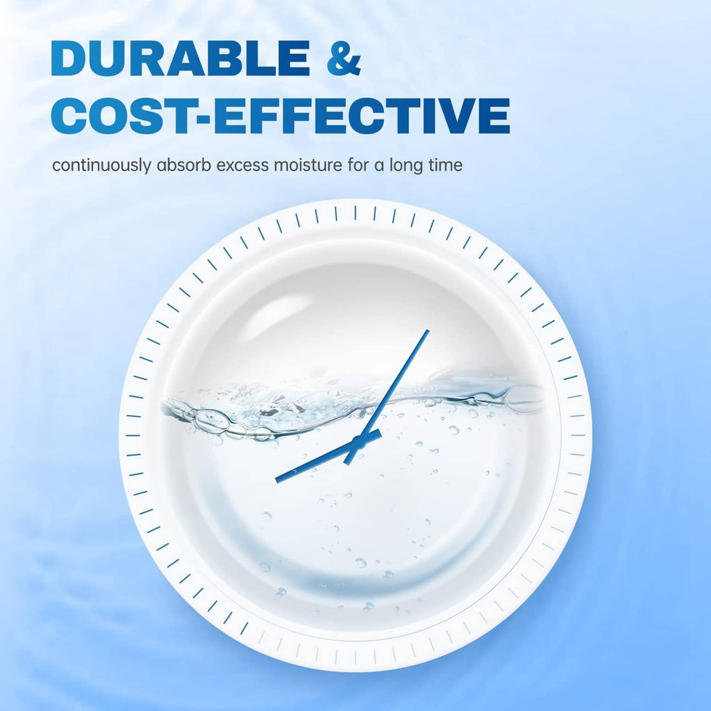 Vacplus moisture absorber circular tray with water droplets diagram.