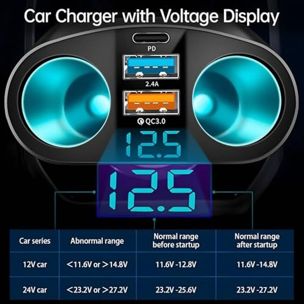 Black car charger adapter with voltage display, dual blue port openings, and blue rings