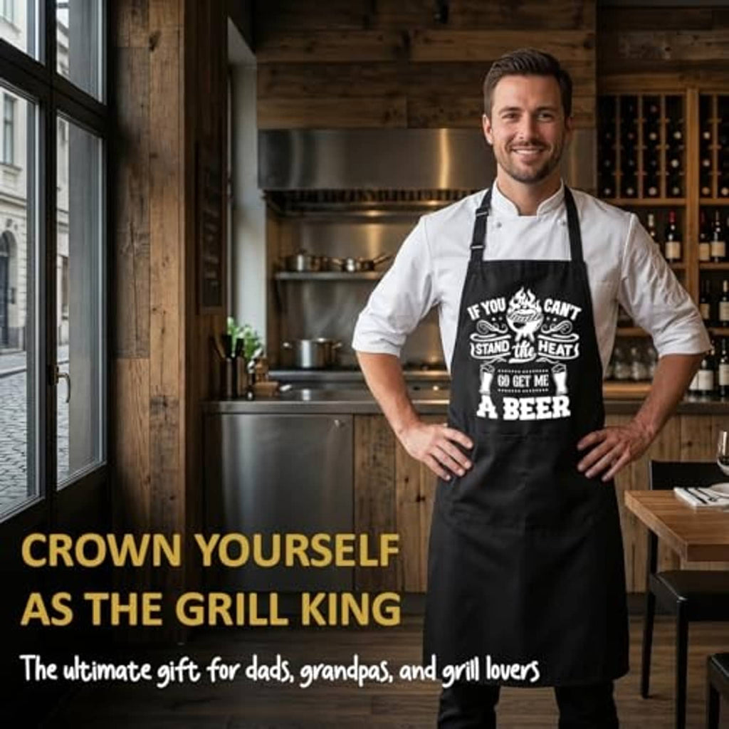 Black BBQ apron with beer graphic, adjustable straps and dual front pockets.