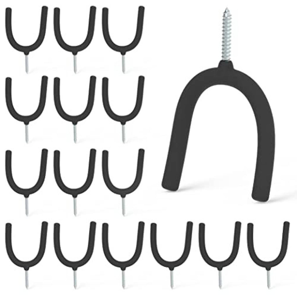 Screw-in U hooks set with black vinyl-coated curved hooks and silver threaded prongs.