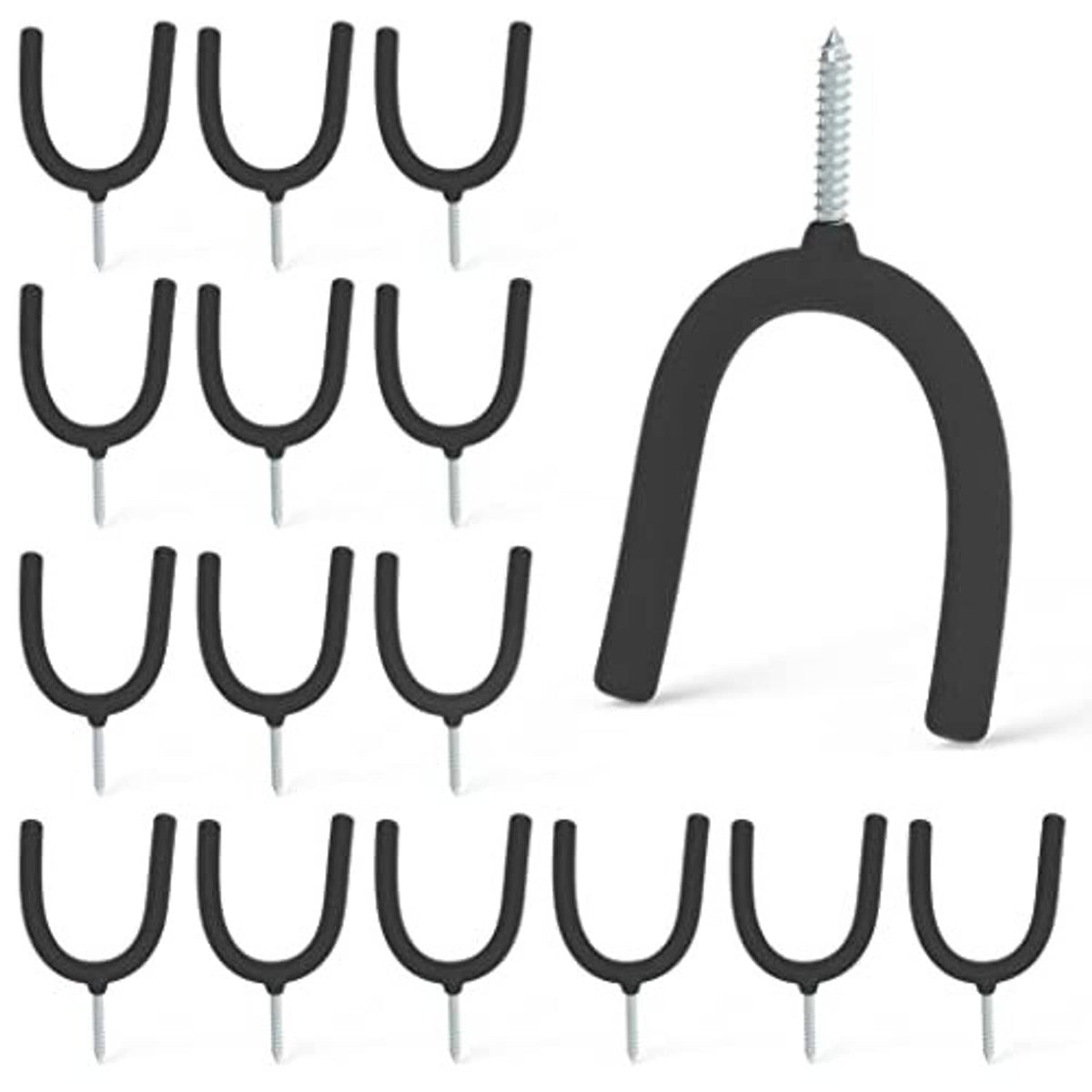 Screw-in U hooks set with black vinyl-coated curved hooks and silver threaded prongs.